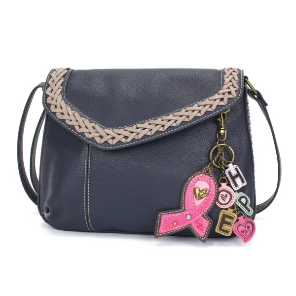Braided Boho Crossbody - Charming Charms Pink Ribbon - navy