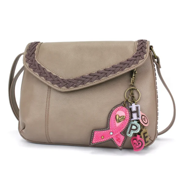 Braided Boho Crossbody - Charming Charms Pink Ribbon - warm gray