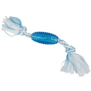 a blue and white dog toy on a white background